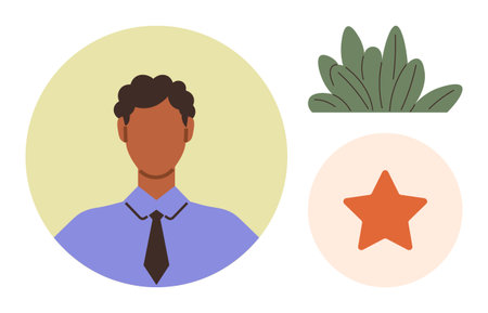Portrait of a man in formal attire within a circular frame, red star icon, and leafy element. Ideal for professional profile, achievement, career, identity, leadership, minimal design simple flatのイラスト素材