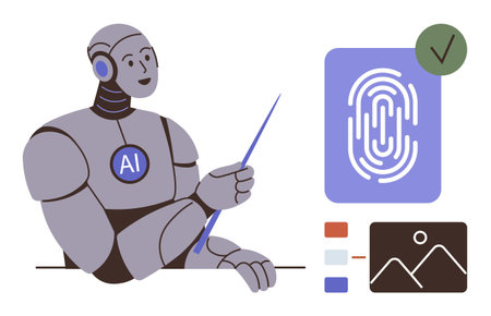 AI robot pointing at biometric fingerprint scan, data blocks, and image display. Ideal for technology, cybersecurity, artificial intelligence, authentication, innovation, biometrics educationのイラスト素材