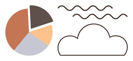 Pie chart with four sections and abstract cloud with wavy lines on top signify concepts thumbs up data visualization, statistics, analysis, cloud storage, AI insights, business trends. Idealのイラスト素材