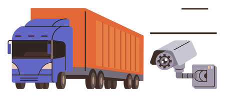 Cargo truck driving alongside a security camera, emphasizing transport safety, goods tracking, and surveillance. Ideal for logistics, technology, safety, fleet management, delivery servicesのイラスト素材