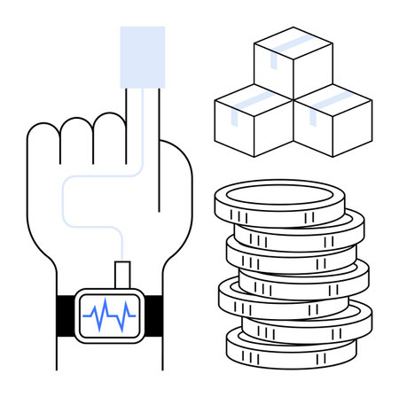 Hand with smartwatch and touch sensor for payment, coins symbolizing currency, stacked boxes for logistics. Ideal for fintech, biometrics, e-commerce, transactions, digital innovation, logisticsのイラスト素材