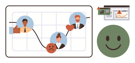 Graph tracking emotions with people icons, thumbs-up, sad and heart symbols, analytics charts, green happy face. Ideal for performance, feedback, emotion tracking, analytics teamwork HR psychologyのイラスト素材