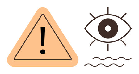 Triangular warning sign with exclamation point, stylized eye with rays, wavy lines below. Ideal for safety, caution, observation, awareness, vigilance warnings security. A simple flat metaphorのイラスト素材