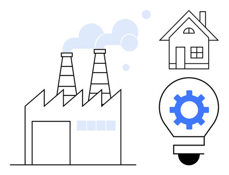 Factory with smoke stacks, house, and gear within lightbulb indicating energy, production, and innovation. Ideal for industry, energy, sustainability, technology innovation environment developmentのイラスト素材