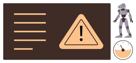 Warning triangle with exclamation mark, text lines, robot figure, and partial gauge. Ideal for...