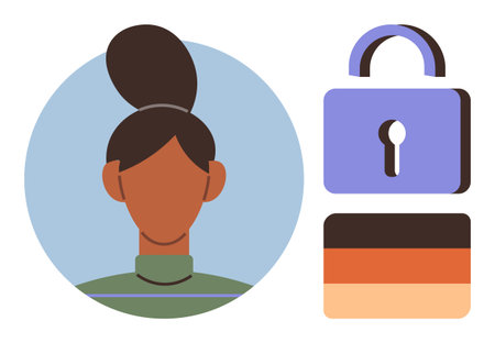 Female avatar in profile, blue circular background, purple lock, two identity cards in gradient colors. Ideal for cybersecurity, personal identity, privacy, online security, user authenticationのイラスト素材