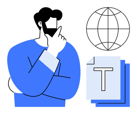Pondering man in blue holds thoughtful pose near globe and documents. Ideal for creativity, global connection, digital solutions, brainstorming, decision-making, strategy planning, simple landingのイラスト素材