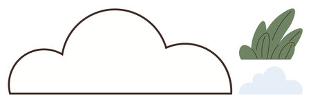 Large outlined cloud with small leafy plant and tiny gray cloud. Ideal for environment, weather, simplicity, serenity, ecology, minimal design, and nature concepts. Simple flat metaphorのイラスト素材
