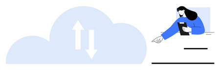 Cloud with arrows showcasing data transfer and technology. Woman holding tablet, pointing toward...