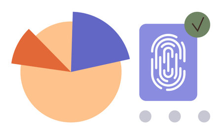 Pie chart divided into segments alongside a fingerprint scanner icon with checkmark indicating authentication. Ideal for data analysis, security, biometrics, technology, access control, statisticsのイラスト素材