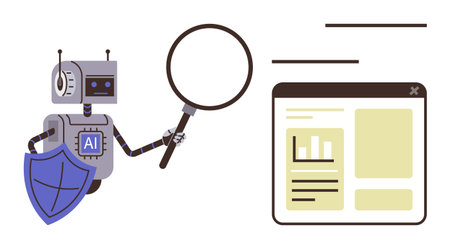 Robot labeled AI inspects browser window with magnifying glass, holding a shield. Ideal for technology, innovation, cybersecurity, data analysis, artificial intelligence, research automation. Simpleのイラスト素材