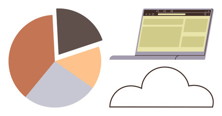 Pie chart with four sections, open laptop displaying webpage, and cloud outline. Ideal for data analysis, cloud storage, web design, analytics, digital tools, business strategy simple flat metaphorのイラスト素材