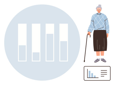 Elderly woman with a cane standing beside a bar chart and data grid. Ideal for aging, healthcare, demographic study, statistics, research, population trends, and data visualization themes. Simpleのイラスト素材