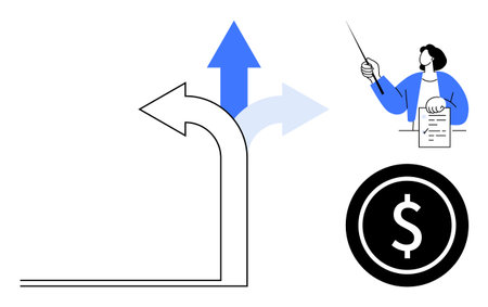 Curved arrow symbolizes life or career choices, large upward arrow conveys growth, person holding...