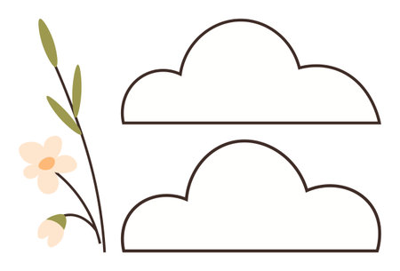 Two simple cloud shapes outlined in black with a floral branch featuring light flowers and green leaves. Ideal for nature themes, minimalism, botany, weather, relaxation, eco concepts, and organicのイラスト素材
