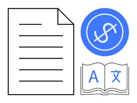 Sheet of paper, dollar sign in blue circle, open book with multilingual symbols. Ideal for finances, translation, education, global business, documentation, communication cross-cultural exchangeのイラスト素材