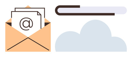 Open envelope with email and cloud icon symbolizes digital communication, data transfer, file sharing, and online backups. Ideal for technology, storage, communication, networking, internet mailのイラスト素材