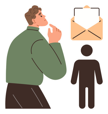 Man pondering with hand on chin near open envelope and person icon. Ideal for communication, decision-making, messaging, strategy, connection, human resources, problem-solving. A simple flat metaphorのイラスト素材