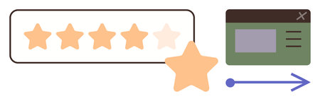 Five-star rating system with focus on one highlighted star, green interface window, and forward...