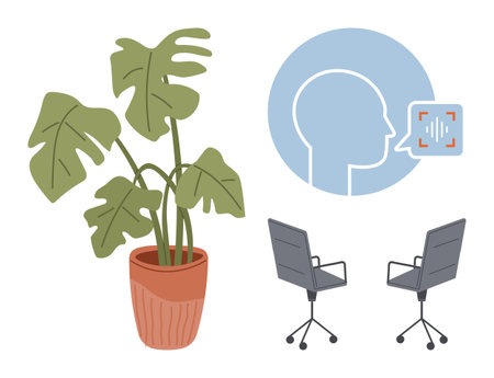 Monstera plant in terracotta pot, two office chairs, and speech recognition symbol in soft tones. Ideal for workspace, nature, productivity, tech, communication, minimalism simple flat metaphorのイラスト素材
