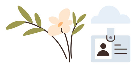 Delicate flower stem beside an ID card hanging under a cloud. Ideal for nature, identity, technology, security, data storage, eco-friendly concepts, simple flat metaphorのイラスト素材