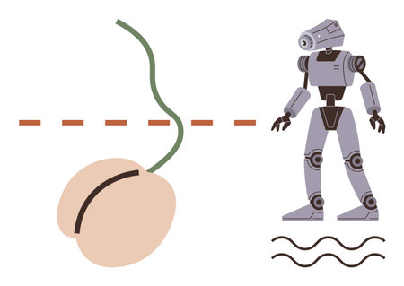 Germinating seed sprout next to a humanoid robot, showcasing natural growth and technological innovation. Ideal for evolution, sustainability, technology, nature, progress, integration, and futureのイラスト素材
