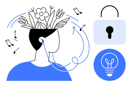 Person wearing earphones surrounded by music notes, flowers growing from head. Lock and lightbulb...