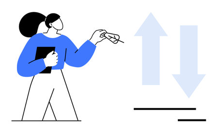 Woman holding glasses and a tablet while examining large upward and downward arrows. Ideal for business analysis, decision-making, growth, statistics, market trends, planning, and presentations inのイラスト素材