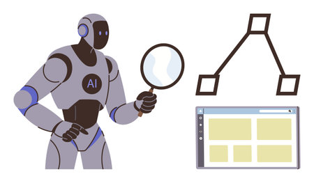 Futuristic robot examining data through a magnifying glass with a flowchart and computer interface. Ideal for AI analysis, data science, machine learning, automation, technology, innovationのイラスト素材