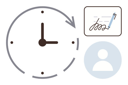 Clock with arrow indicating time flow, signature box with pen representing documentation, and user icon. Ideal for time management, deadlines, contracts, scheduling, productivity, organizationのイラスト素材