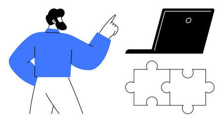 Man pointing toward a laptop with puzzle pieces nearby, symbolizing teamwork, education, innovation, problem-solving, leadership, technology, and creativity. Simple flat metaphorのイラスト素材
