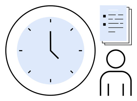 Large clock alongside person and stack of documents signals efficient time use, task prioritization, productivity. Ideal for scheduling, deadlines, office planning, efficiency studies, teamのイラスト素材