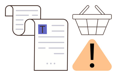 Receipt with text, shopping basket, and warning icon. Ideal for shopping, payment, consumer rights, error alert, e-commerce issues billing. A simple flat metaphorのイラスト素材