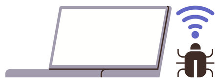 Open laptop with a bug symbol and wireless waves, highlighting hacking, malware, data breach risks. Ideal for cybersecurity, hacking, vulnerability, digital safety, tech issues malware simple flatのイラスト素材