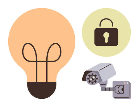 Light bulb for innovation, lock for protection, surveillance camera for security. Ideal for creativity, security, innovation, technology, protection surveillance problem-solving. Simple flatのイラスト素材