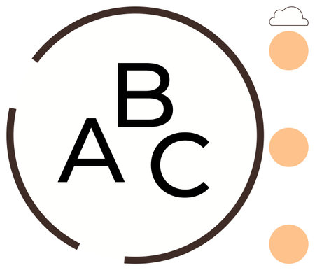 Letters A, B, and C in bold within circular frame, three orange dots in vertical sequence suggesting steps or process, and minimal cloud. Ideal for education, learning process, sequence, structureのイラスト素材