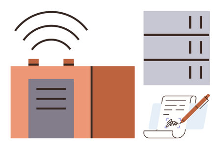 Server stack, wireless signals, and signed document representing data storage, wireless connectivity, and secure agreements. Ideal for business, technology, finance, communication contractsのイラスト素材