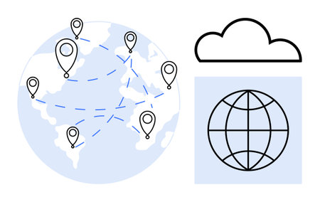 Earth with location pins forming a connected network, globe grid icon, and a cloud for cloud computing. Ideal for global communication, technology, innovation, cloud storage, geolocation, networkingのイラスト素材