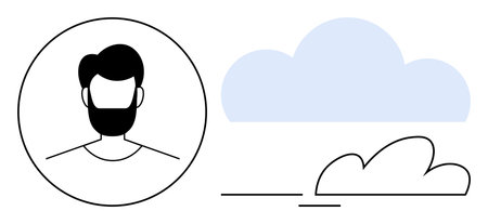 Male avatar with beard in outlined circle paired with minimalistic cloud shapes. Ideal for identity, profile, technology, communication, networking, cloud services, modern design. Simple flatのイラスト素材