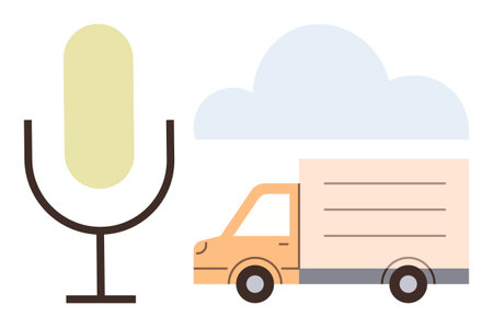 Microphone alongside delivery truck and cloud symbolizes audio communication, logistics, technology. Ideal for digital podcasting, delivery services, cloud tech, online media, broadcasting, remoteのイラスト素材
