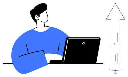 Person using laptop at desk, arrow pointing upward indicating progress, success, innovation, and ambition. Ideal for productivity, business, education, growth achievements technology simple flatのイラスト素材