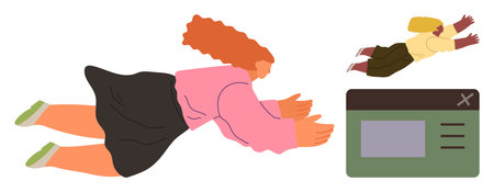 Individuals hover mid-air reaching out to a digital browser window, symbolizing online engagement, innovation, and connection. Ideal for creativity, collaboration, teamwork, technology, imaginationのイラスト素材