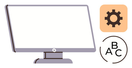 Blank desktop screen with a cogwheel icon and alphabetical elements symbolizing configuration, tools, customization, settings, education, user interface. Ideal for tech systems, learning, businessのイラスト素材