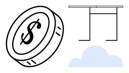 Dollar coin above blue cloud and minimal table outline. Ideal for economy, finance, cloud technology, business innovation, digital development, minimalism, online banking. Clean flat metaphorのイラスト素材