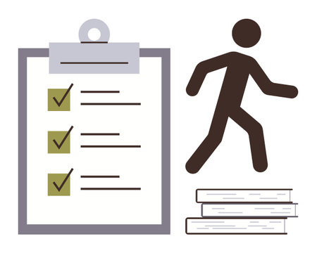 Figure walking beside clipboard with marked tasks and stacked books emphasizing progress, education, and self-improvement. Ideal for productivity, organization, education, career growth, personalのイラスト素材