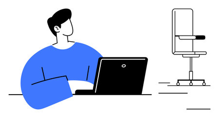 Person using a laptop at a desk with a modern office chair nearby, representing productivity, remote work, or focus. Ideal for work, office, technology, isolation, brainstorming businessのイラスト素材