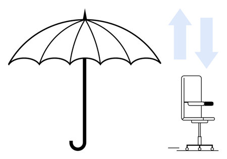 Open umbrella alongside adjustable office chair with directional arrows. Ideal for protection, adaptability, workspace comfort, office dynamics, balance, functionality, simple flat metaphorのイラスト素材