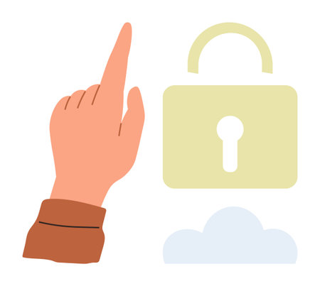 Hand pointing to padlock above cloud, highlighting security and access control. Ideal for cybersecurity, data protection, cloud storage, online privacy, secure login, digital safety, simple flatのイラスト素材