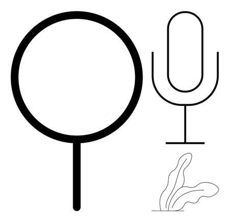 Magnifying glass, vertical microphone, and abstract plant line art evoke themes of search, communication, and growth. Ideal for innovation, discovery, exploration, creativity technology podcastsのイラスト素材
