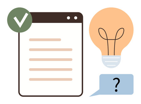 Task checklist with a green checkmark, a glowing lightbulb symbolizing ideas, and a speech bubble with a question mark. Ideal for organization, brainstorming, planning, inquiry, creativityのイラスト素材